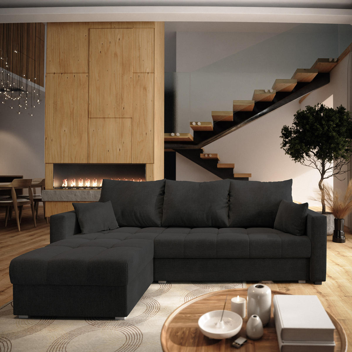 ROHOVÁ SEDAČKA NIDA černá - šedá/černá, dřevo/textil (220/143cm) - MASSENO