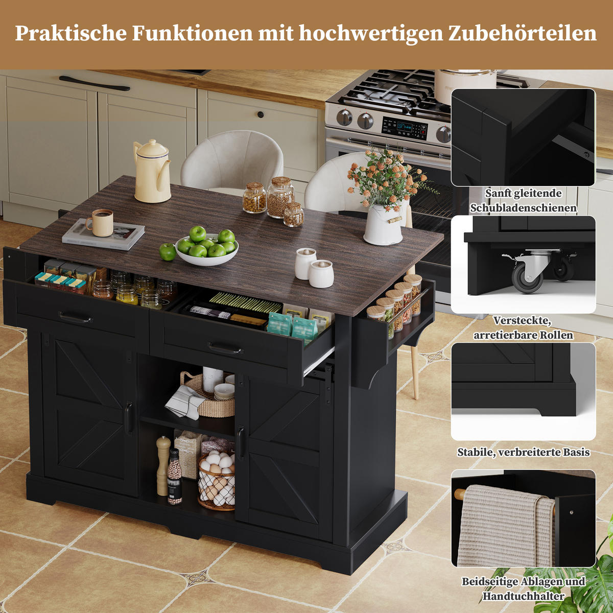 KÜCHENINSEL in Schwarz Servierwagen mit klappbarer Arbeitsplatte und Schubladen für Küche, B120/T45(70)/H91 cm - Schwarz, Holzwerkstoff (120/91/70cm) - STILVORA