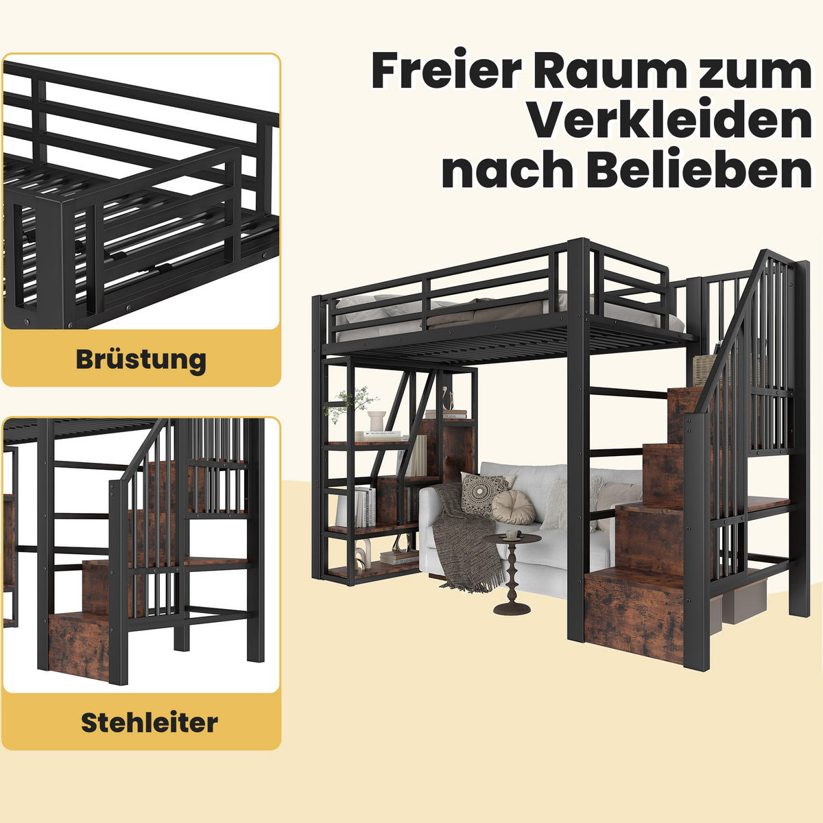 HOCHBETT 90/200 cm in Schwarz mit Stauraumtreppe, LED-Lichtleiste und Rausfallschutz - Schwarz, Holzwerkstoff (90/200cm) - BEAOK