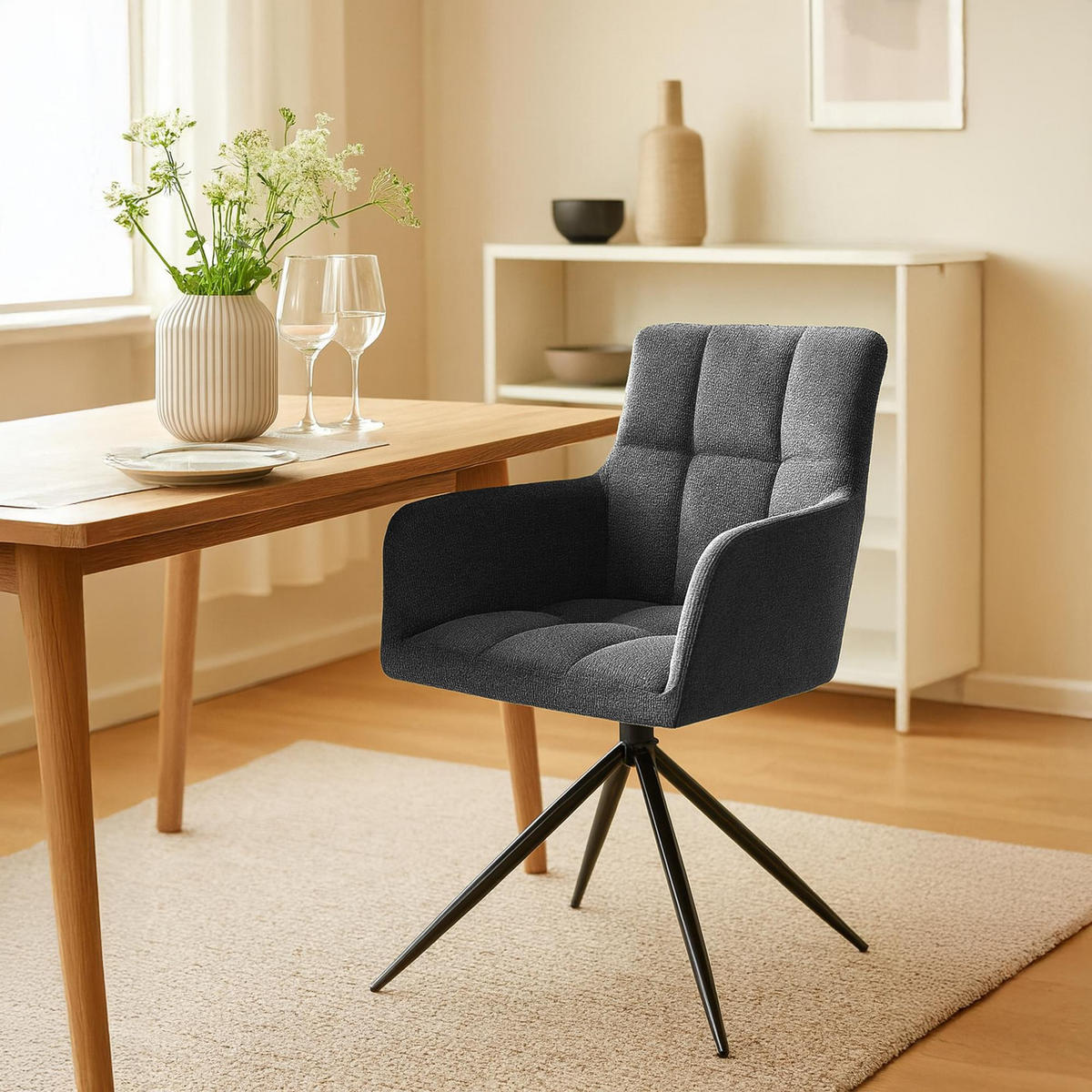 ARMLEHNENSTUHL 2er Set Stoff Dunkelgrau - Dunkelgrau/Schwarz, Textil/Metall (59/87/59cm) - CLP