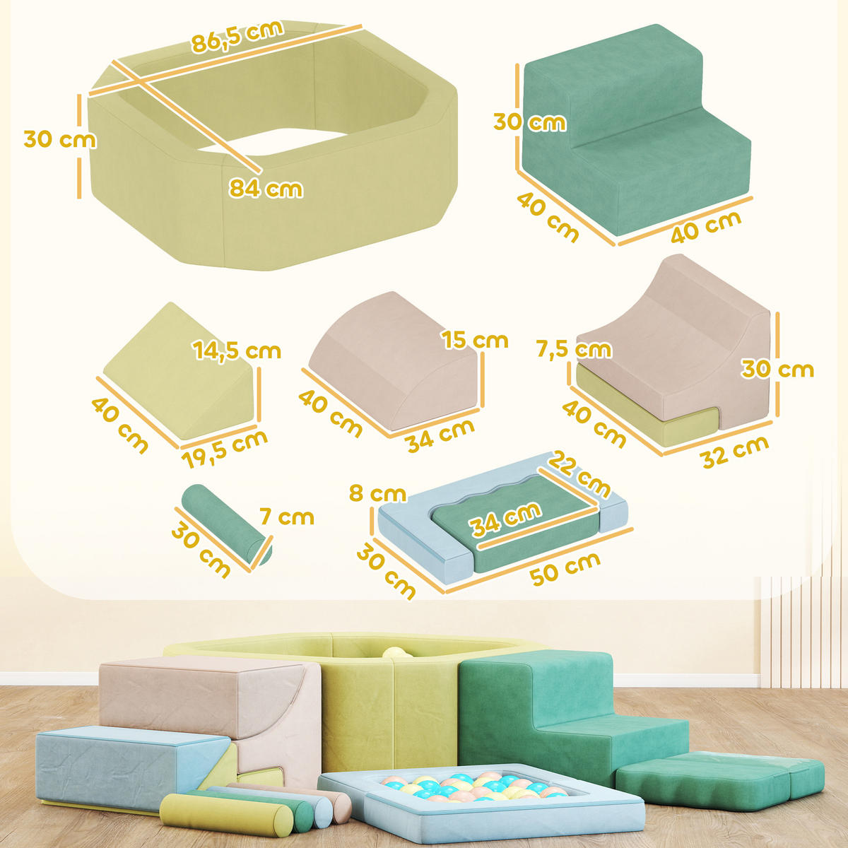 SCHAUMSTOFF Bausteine Kinder 15er-Set mit Bällepool, 200 Bälle Mehrfarbig - Multicolor, Textil (137.5/160cm) - AIYAPLAY