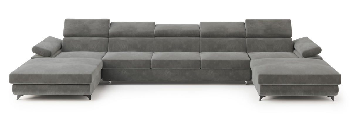 WOHNLANDSCHAFT VIVENTE Grau Velours-Stoff mit Schlaffunktion - Grau, Holz (410/89/190cm) - MASSENO