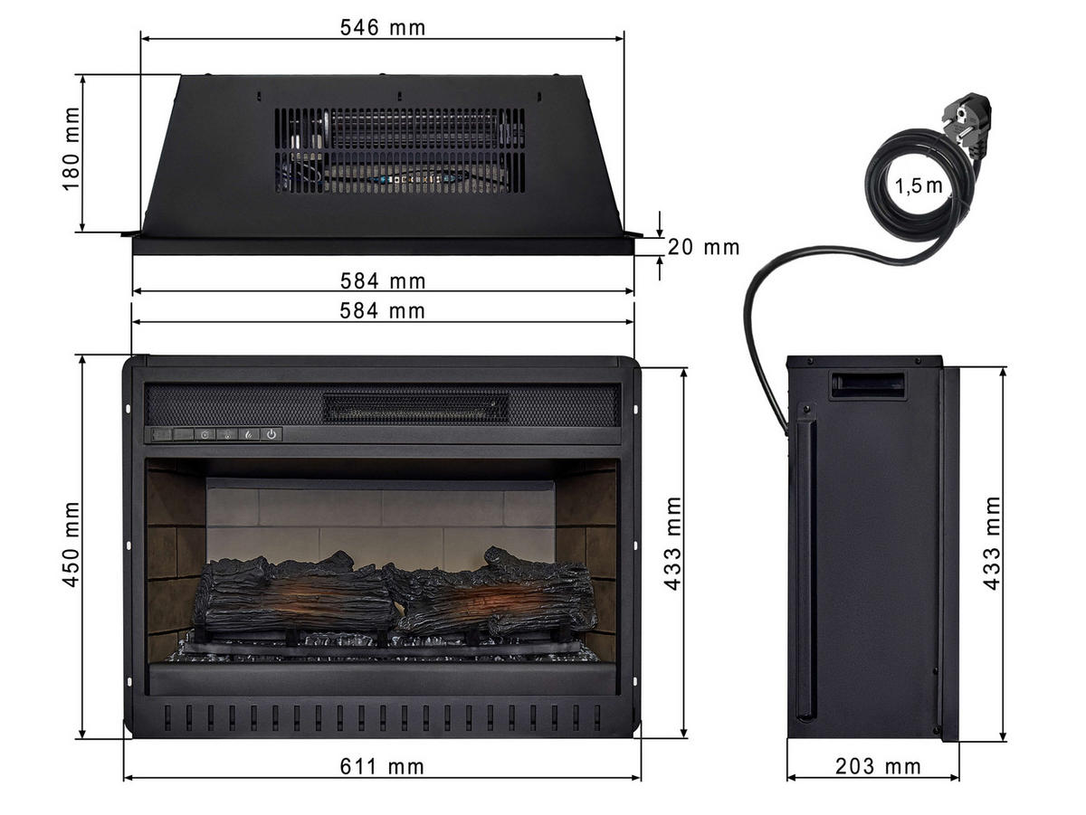 EINBAU-ELEKTROKAMINEINSATZ AF22 – Breite ≈ 60 cm, 3D-Flammeneffekt, LED-Beleuchtung, Heizfunktion - Schwarz, Glas/Metall (61.1/45/20.3cm) - ArtiFlame