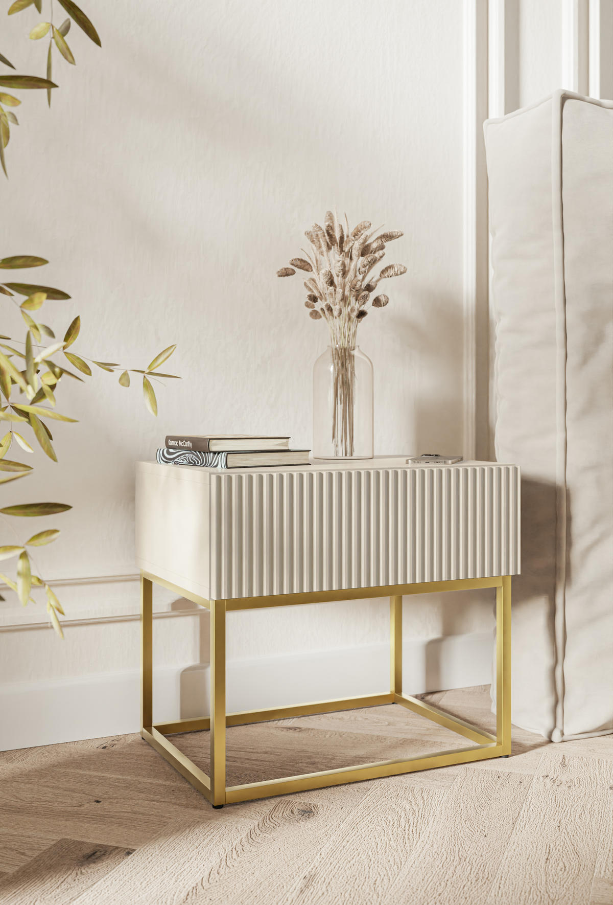 NACHTSCHRANK Veldio Graubeige mit goldenen Metallbeinen 50 cm - Greige/Goldfarben, Holzwerkstoff/Metall (50/44/35.6cm) - Selsey