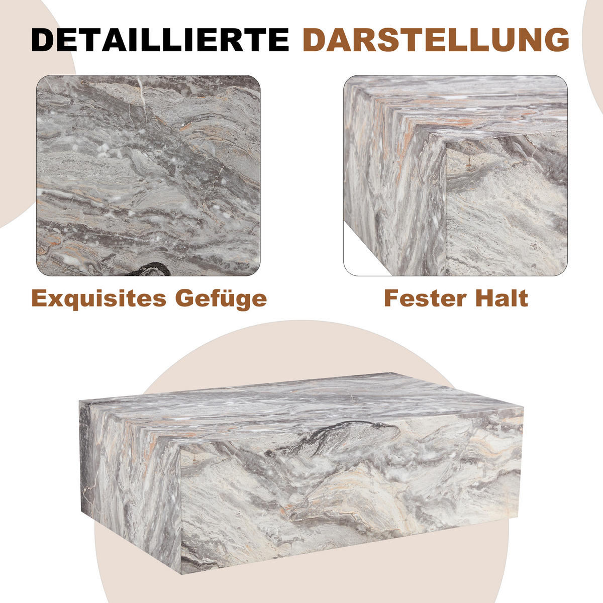 COUCHTISCH in Grau Wohnzimmertisch mit Marmorimitat-Textur für Wohnzimmer, B90/T50/H30 cm - Grau, Holzwerkstoff (50/90/30cm) - STILVORA