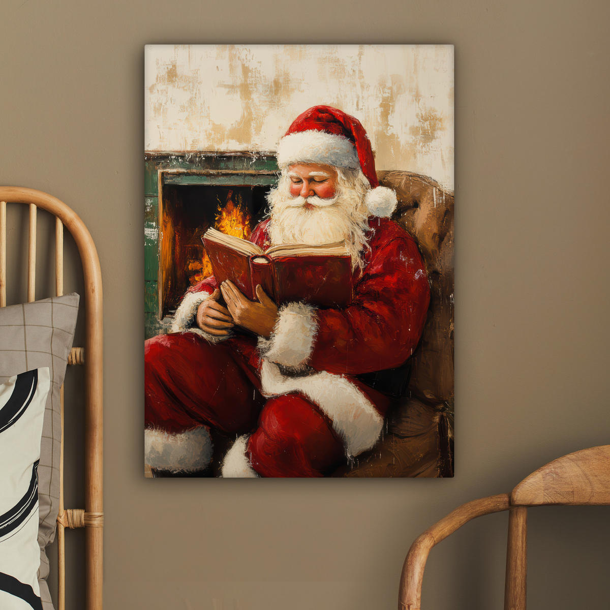 LEINWANDBILD Weihnachten - Weihnachtsmann - Winter - Open Fireside 60x80 cm - Dunkelrot, Textil (60/80cm) - MuchoWow