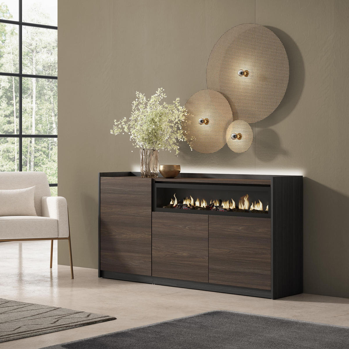 SIDEBOARD, Eiche und Schwarz, 156/37/80cm, Kamin mit Feuereffekt - Dunkelbraun, Holzwerkstoff (156/80/37cm) - Skraut Home