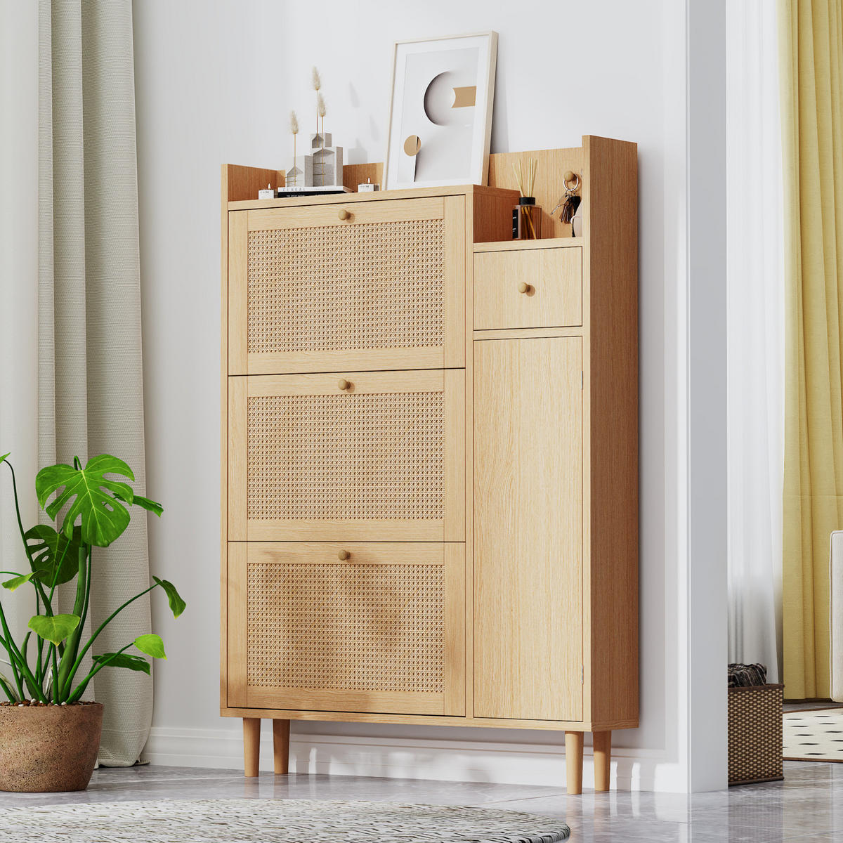 SCHUHSCHRANK aus MDF 90x125x17cm in Natur mit 3 Klapptüren & Schublade - Naturfarben, Holzwerkstoff (90/125/17cm) - Modfu