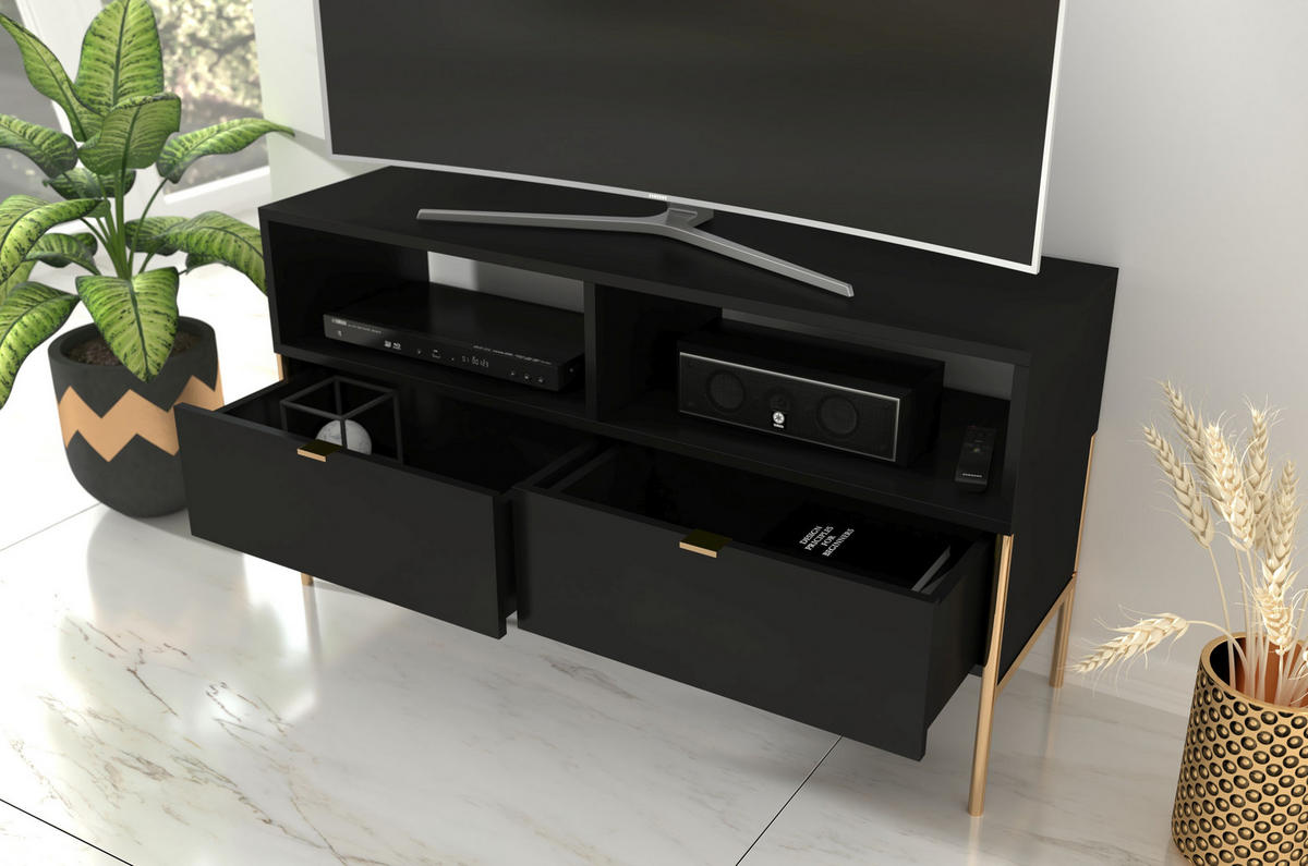 LOWBOARD Polka, Schwarz, Goldene Details - Goldfarben/Schwarz, Holzwerkstoff/Metall (120/65/37cm) - Skandica