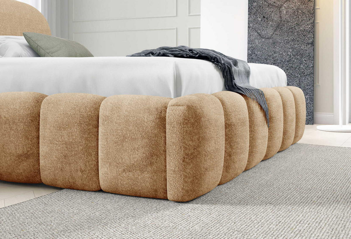 POLSTERBETT 140x200 Noemi, runde Kopfteil, Bettkasten, Samtstoff, Beige - Beige, Holz/Textil (140/200cm) - Emporius