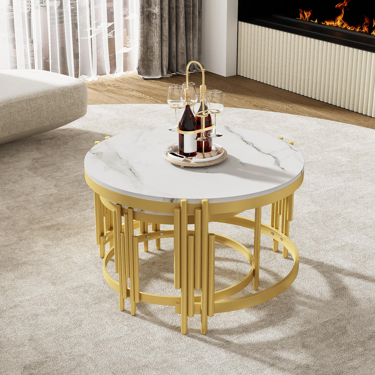 COUCHTISCH-SET in Weiß und Gold mit Marmoroptik und Metallrahmen für Wohnzimmer, B71,5/T71,5/H44 cm - Goldfarben/Weiß, Holzwerkstoff/Metall (71.5/71.5/44cm) - STILVORA