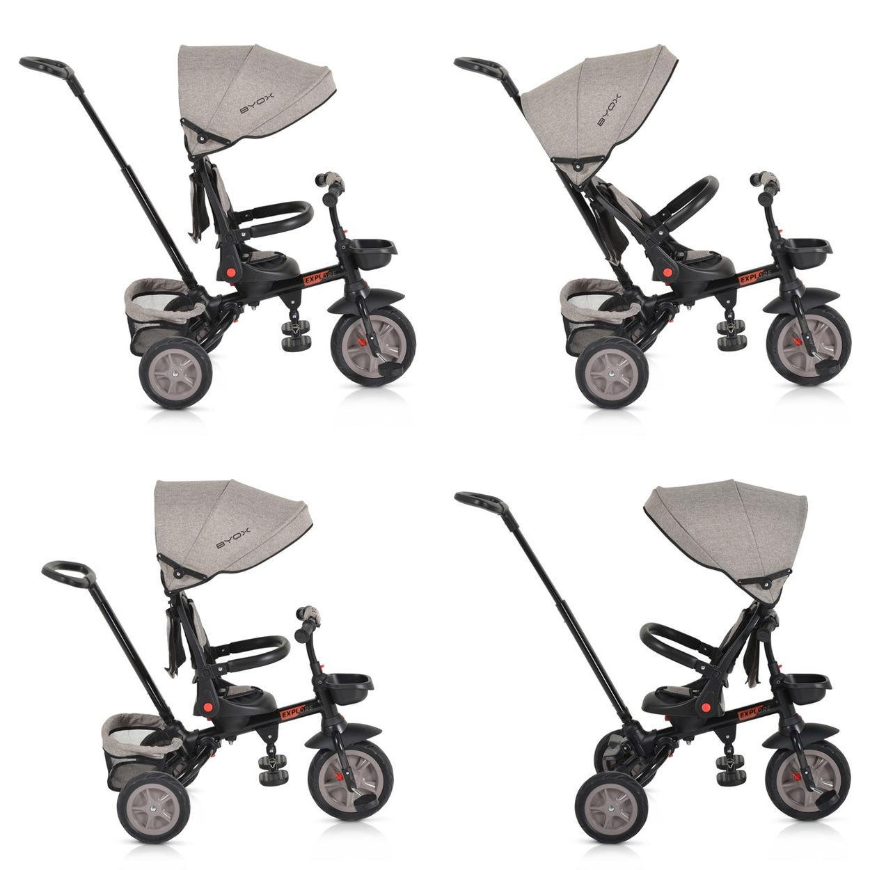 DREIRAD Explore 3 in 1 hellbraun Tricycle umkehrbarer Sitz Schiebegriff Körbe Pedale - Beige, Metall (98/52/111cm)