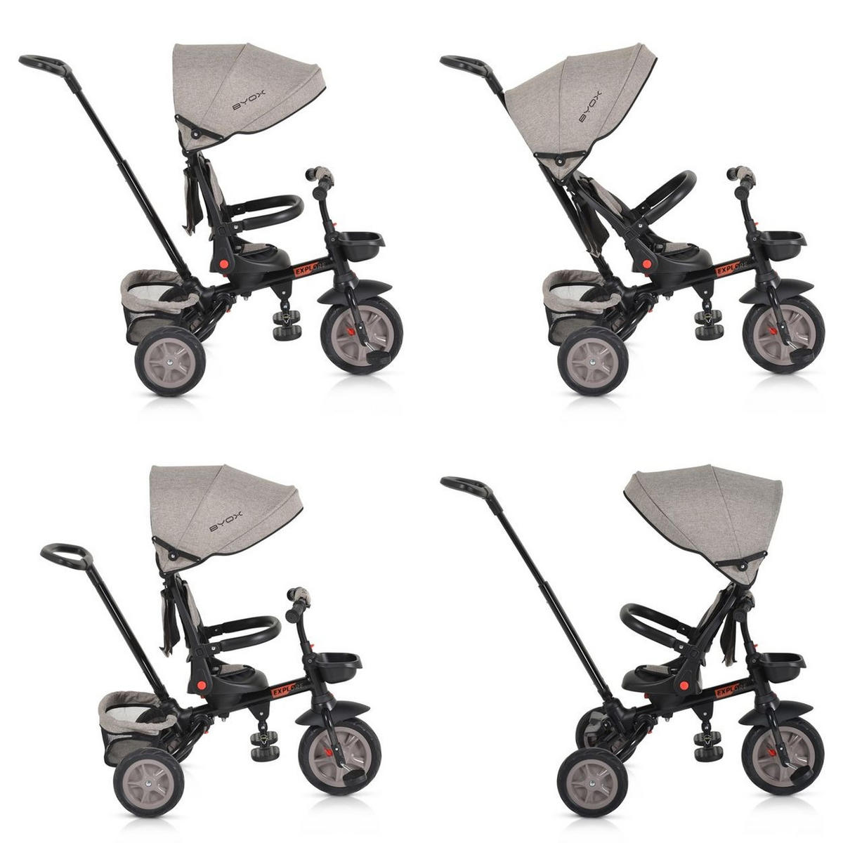 DREIRAD Explore 3 in 1 hellbraun Tricycle umkehrbarer Sitz Schiebegriff Körbe Pedale - Beige, Metall (98/52/111cm)