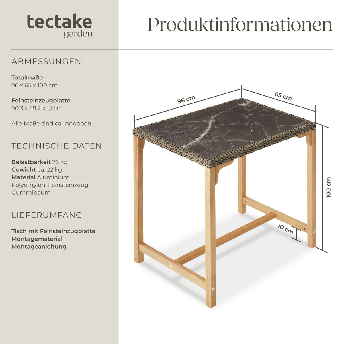 RATTAN BARTISCH Kutina,96 x 65 x 100 cm,natur - Naturfarben, Kunststoff (96/65/100cm) - tectake