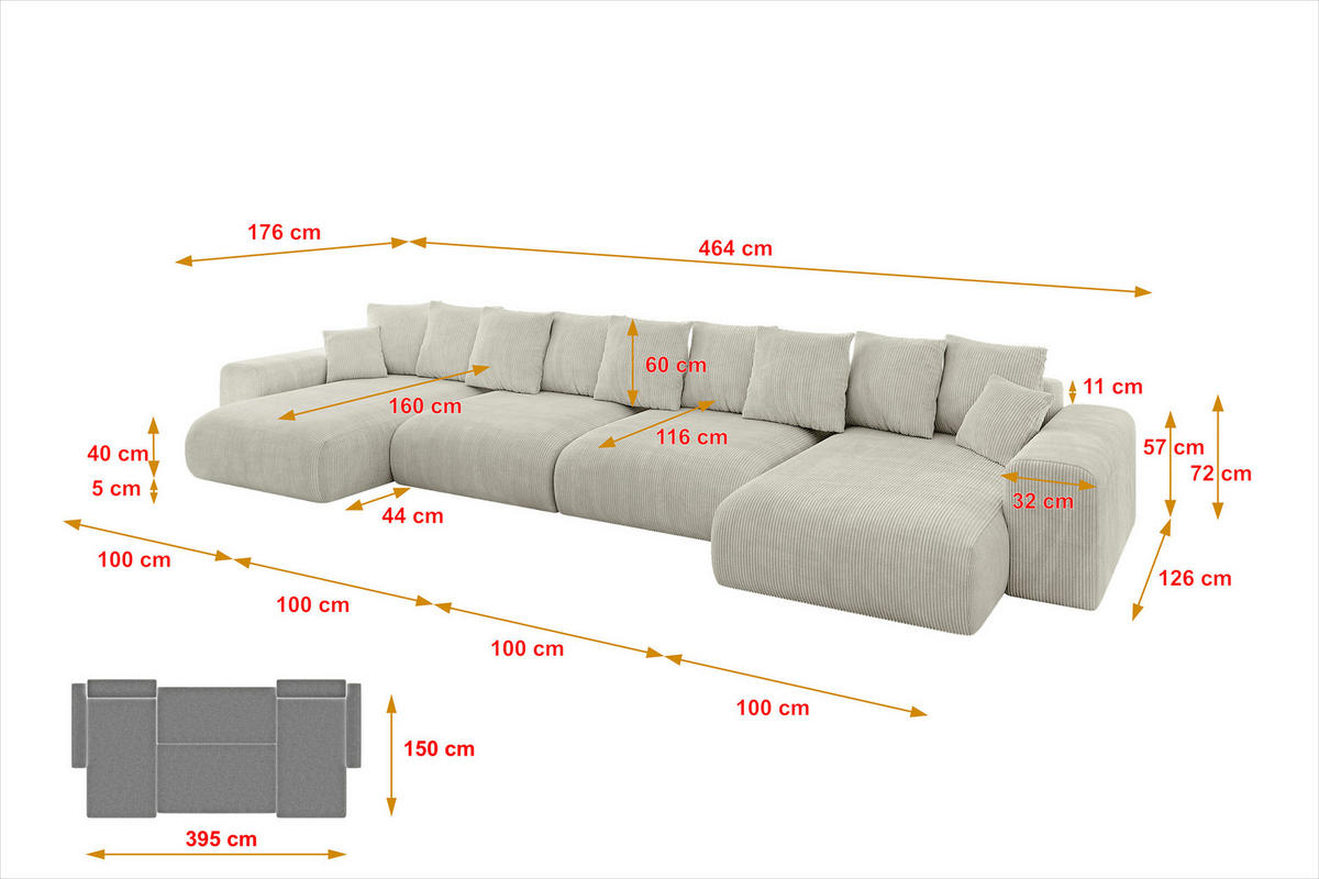 WOHNLANDSCHAFT mit Schlaffunktion ESKAR-U2-464x176x72cm Creme - Hellgrau/Creme, Holzwerkstoff/Kunststoff (176/72/464cm) - ALTDECOR