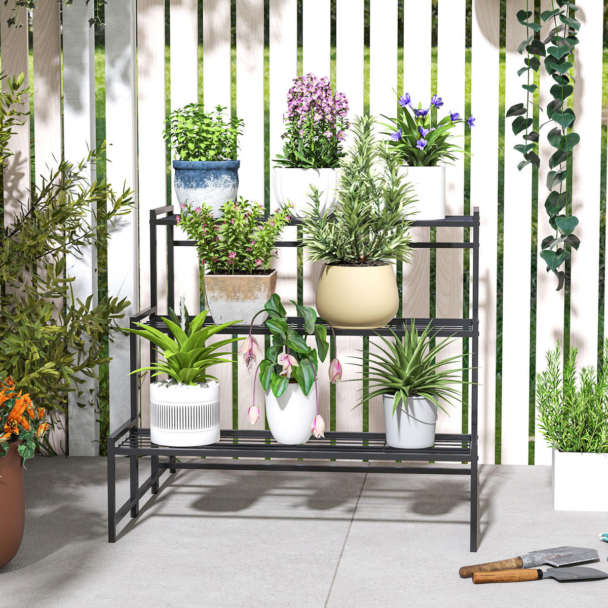 GARTENREGAL aus Metall 75x70x66 cm in Schwarz mit 3 Ebenen - Schwarz, Metall (70/66/75cm) - Modfu