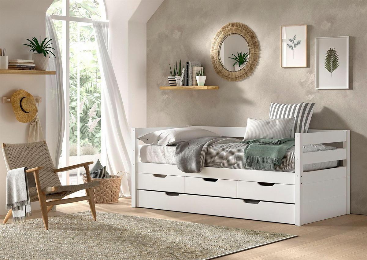 KOJENBETT Kelda 90x200 mit Bettschublade Kiefer Massivholz Weiß - Weiß, Holz (90/200cm) - 58aufmkessel