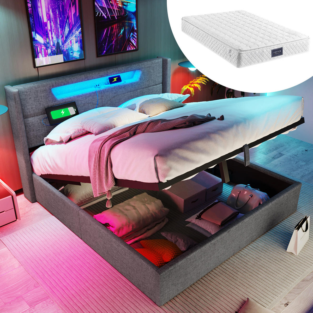 POLSTERBETT mit LED, USB und Stauraum 160x200 cm Leinen Grau inkl. Matratze - Grau, Metall (160/200cm) - Meubliv
