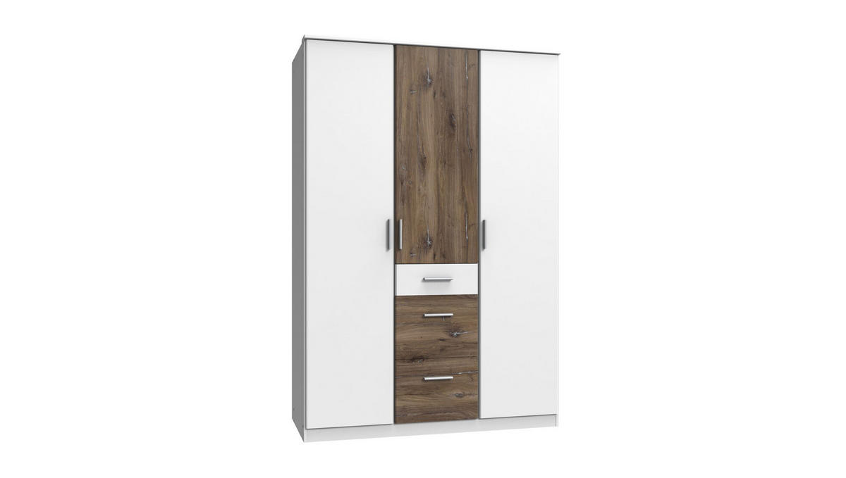 KLEIDERSCHRANK Joker in Weiß Flagstaff Eiche - Drehtürenschrank 3 türig - Weiß, Holzwerkstoff (135/199/58cm)