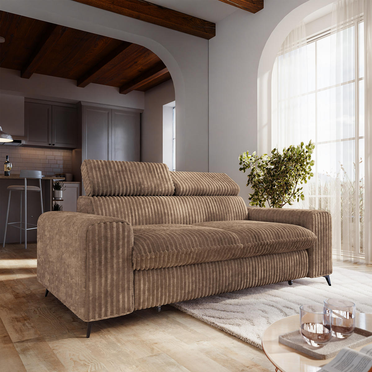 BETTSOFA BENETE Beige Cordstoff mit Schlaffunktion - Beige, Holz/Textil (191/89/92cm) - MASSENO