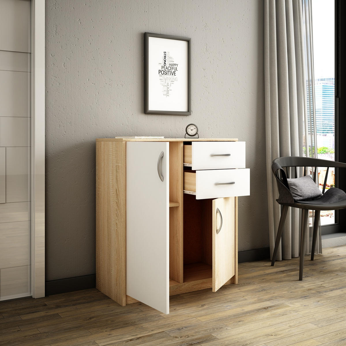 KOMMODE mit 2 Schubladen und 2 Türen - Eichefarben/Weiß, Holzwerkstoff (74/85/35cm) - Home Collective