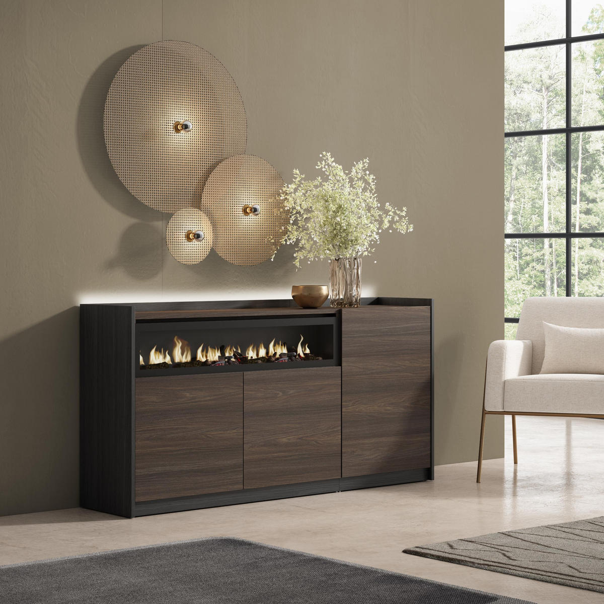 SIDEBOARD, Eiche und Schwarz, 156/37/80cm, Kamin mit Feuereffekt - Dunkelbraun, Holzwerkstoff (156/80/37cm) - Skraut Home