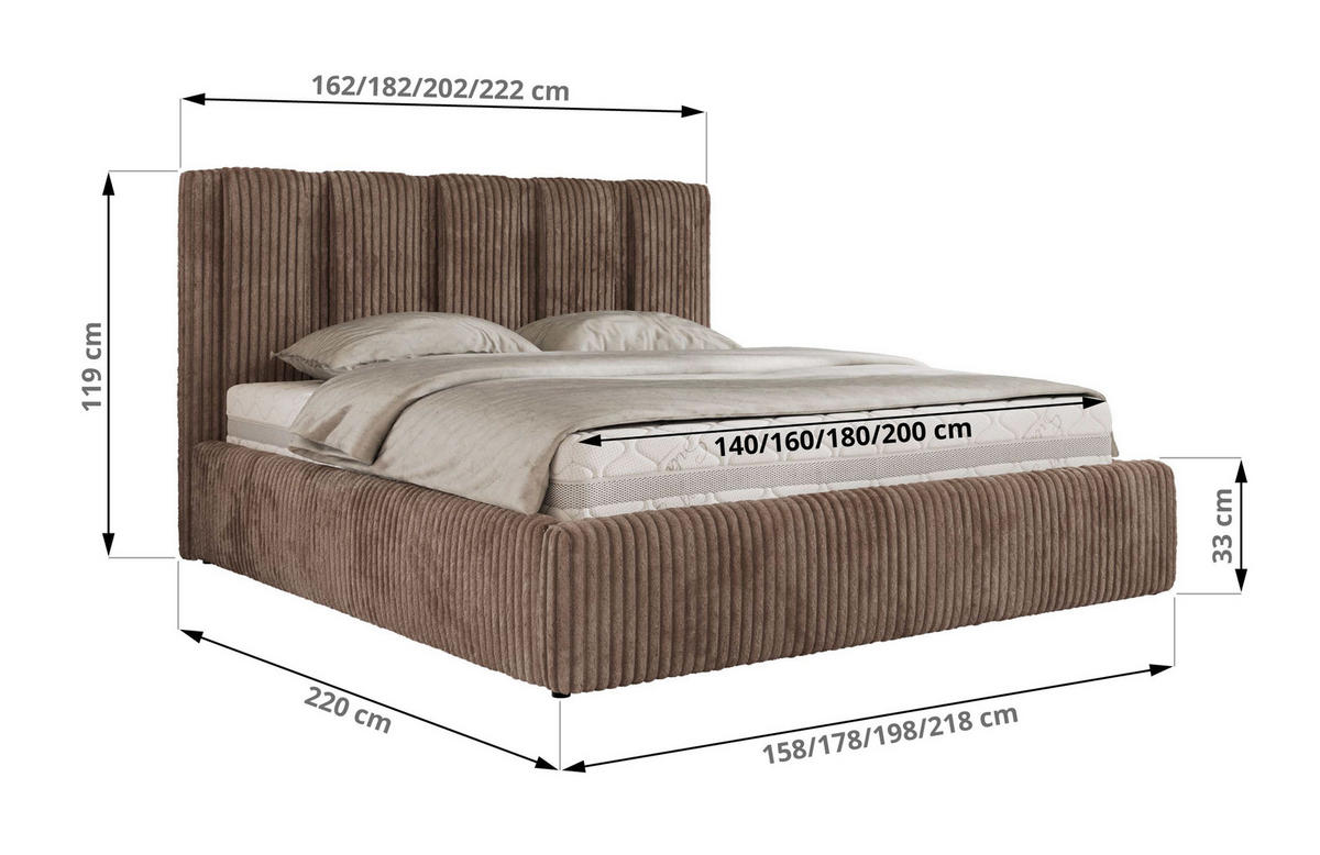 POLSTERBETT SAVINO CLASSIC 140/200 - Braun Cord - Multipocket-Matratze - Braun, Textil (140/200cm) - MKS