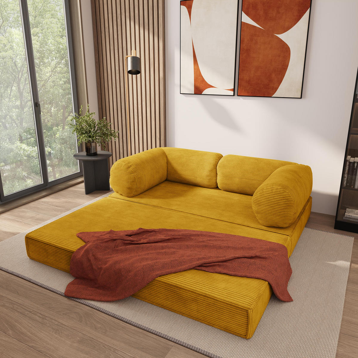 POHOVKA z pěny ALVIO s funkcí spaní Manšestrová látka Žlutá - žlutá, textil (170/68/80cm) - MASSENO