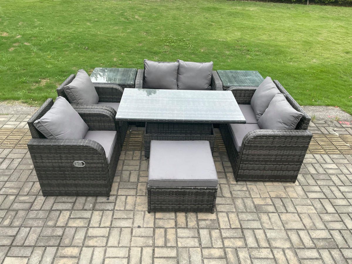 GARTENTISCHGRUPPE Polyrattan 7-Sitzer - Dunkelgrau/Grau, Glas/Kunststoff - Fimous