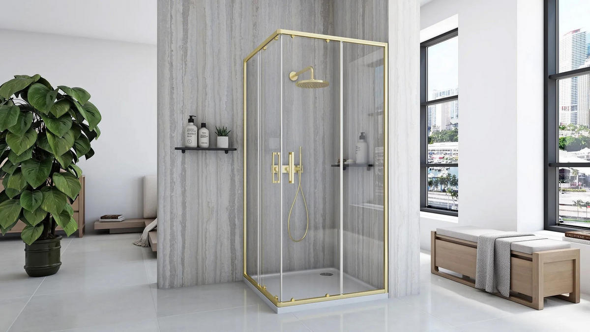 DUSCHKABINE Rea City 80x80 Gold Brush mit Duschwanne Savoy Schwarz - Goldfarben, Glas (80/80/190cm) - REA