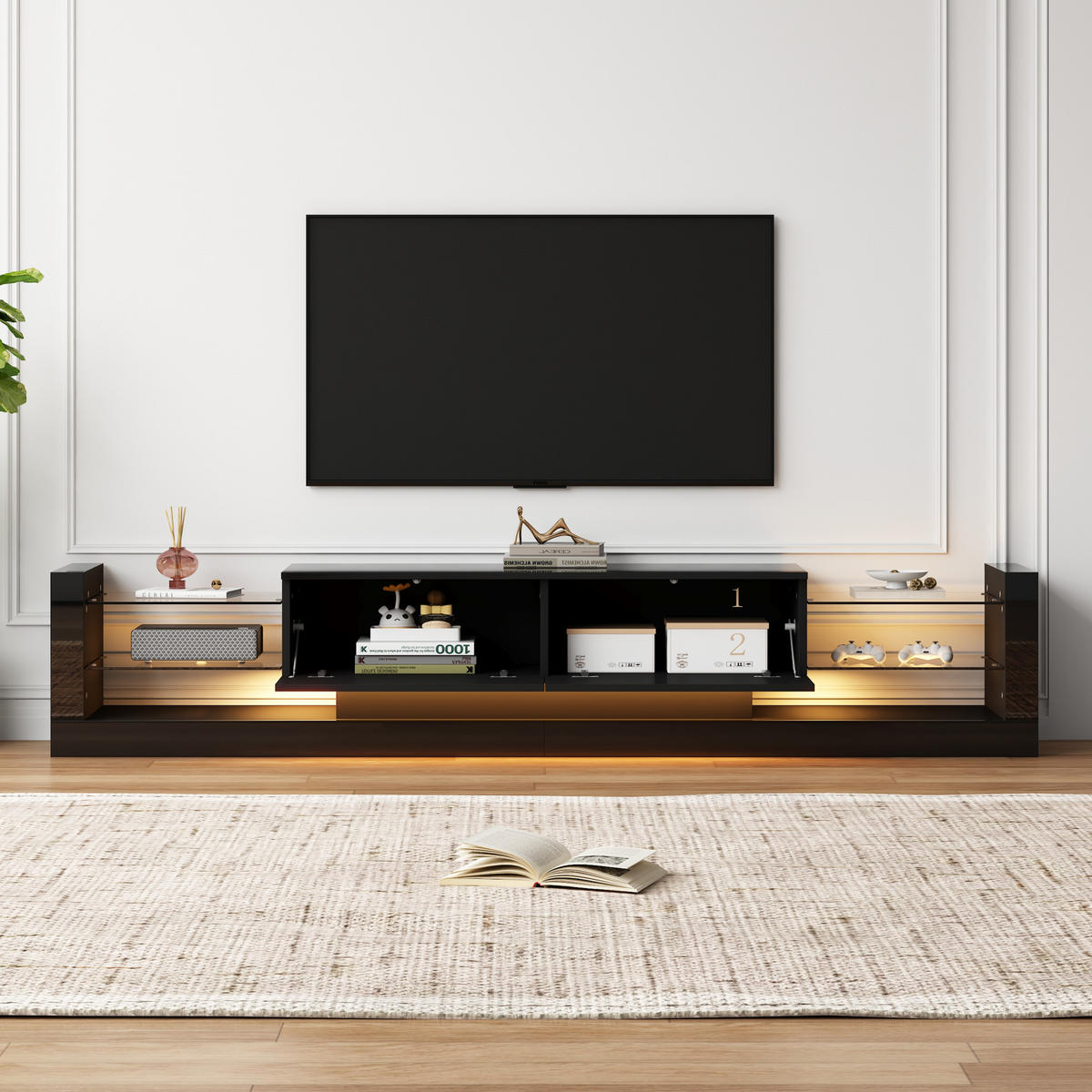 TV-ELEMENTSCHWARZ Hochglanz181cmLEDBeleuchtung für Fernseher bis 80 Zoll - Schwarz, Holz (45.72/15.88/101.6cm) - Raelunyi