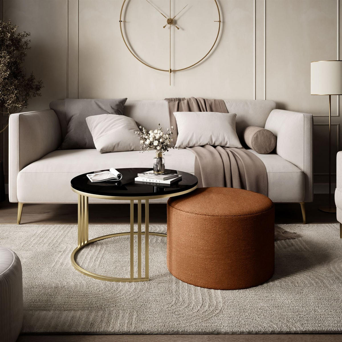 COUCHTISCH mit Hocker LORI Hochglanz gebürstetes Gold/Schwarz glänzend/Perfect Harmony 52 - Schwarz, Metall (70/70/49cm) - Lookway