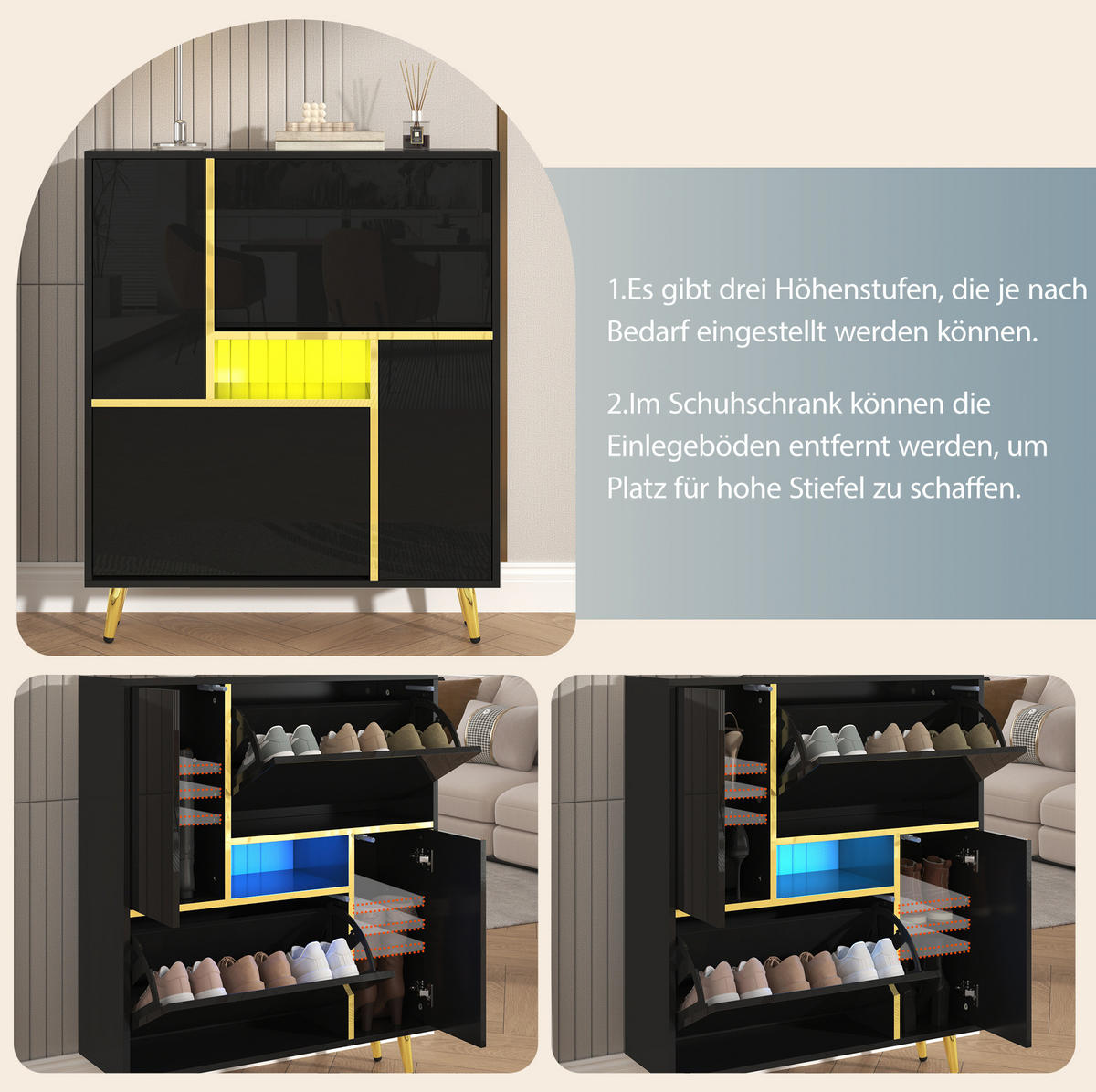 SCHUHSCHRANK 80/25/96 cm in Schwarz mit Hochglanzfront und LED-Beleuchtung - Schwarz, Holzwerkstoff (80/96/25cm) - Flora Grace
