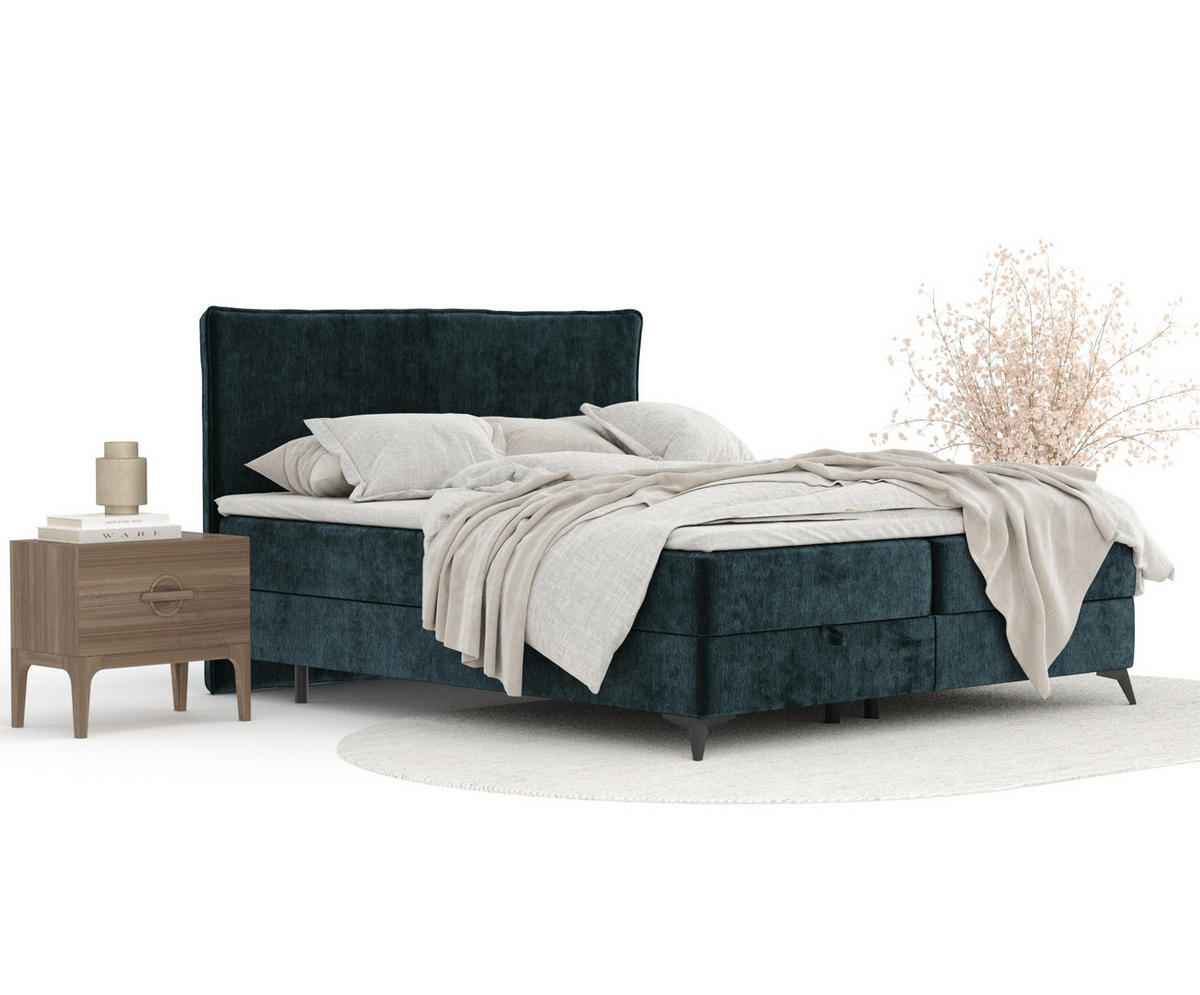 BOXBETT Peru Türkisfarben 160/200 cm im Chenille-Stoff - Türkis/Schwarz, Holz/Holzwerkstoff (160/200cm) - Maison de Reve