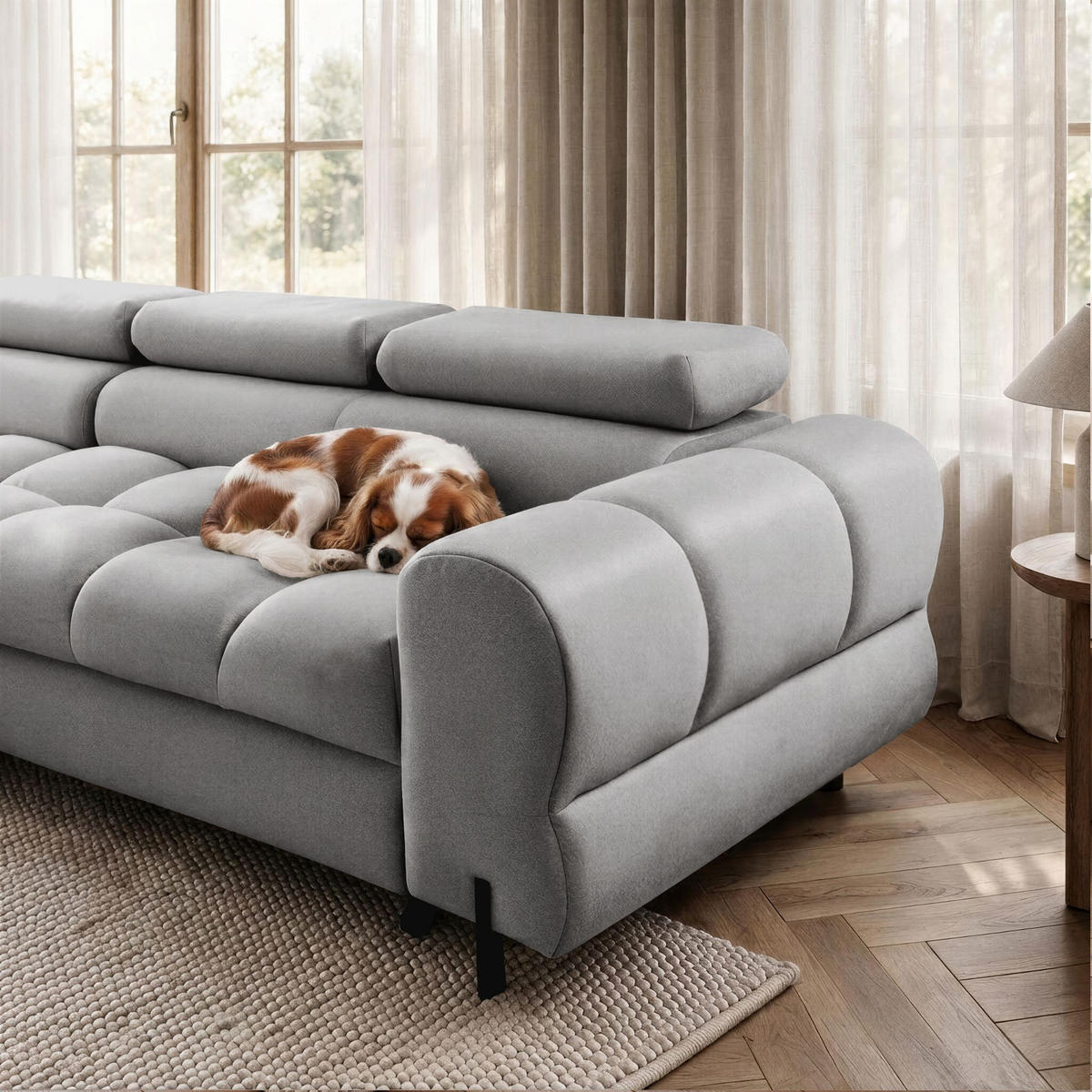 ECKSOFA UFFO L Links mit Schlaffunktion 260x195 Velours Hellgrau - Hellgrau/Schwarz, Holz/Textil (260/195cm) - Muffo