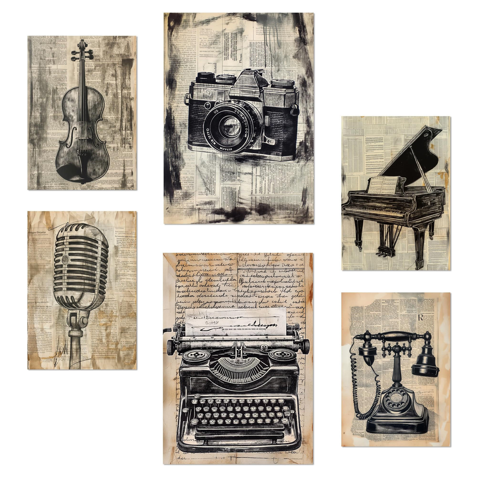 POSTER Set Mit 6 Vintage Liebe Kamera Mikro Klavier Violine Telefon A3 & A4 Rahmenlos - Klar, Papier (29/3cm) - Nacnic