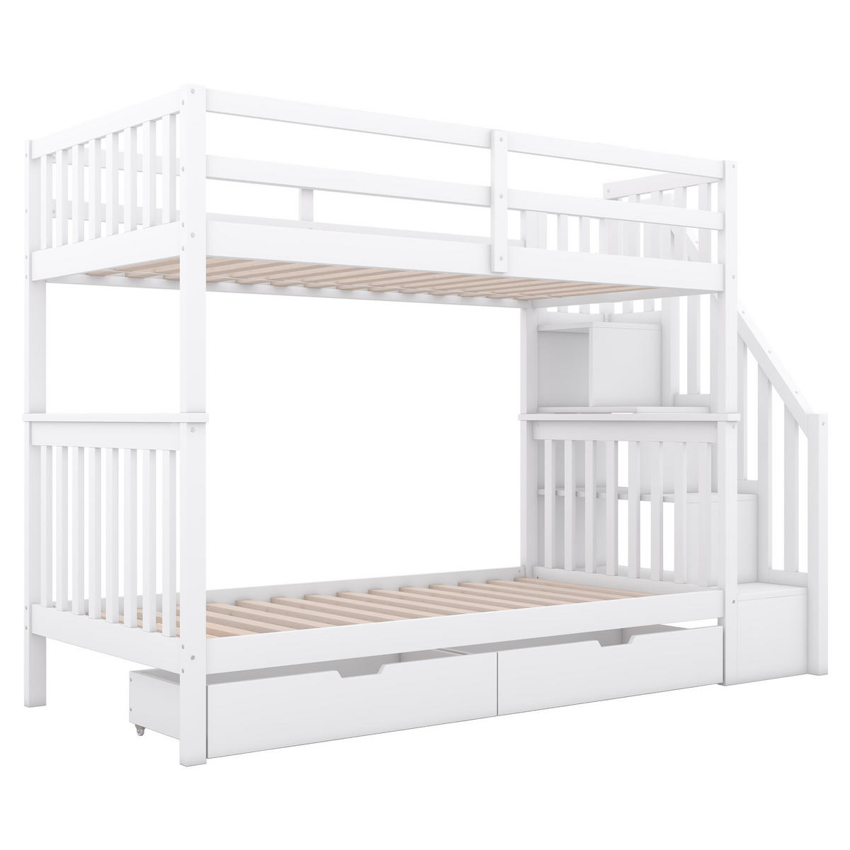 ETAGENBETTEN 90x200 cm, Kinderbett mit Treppenablage, 2 Schubladen & Schutzgittern, EN747-1, weiß - Weiß, Holz (90/200cm)