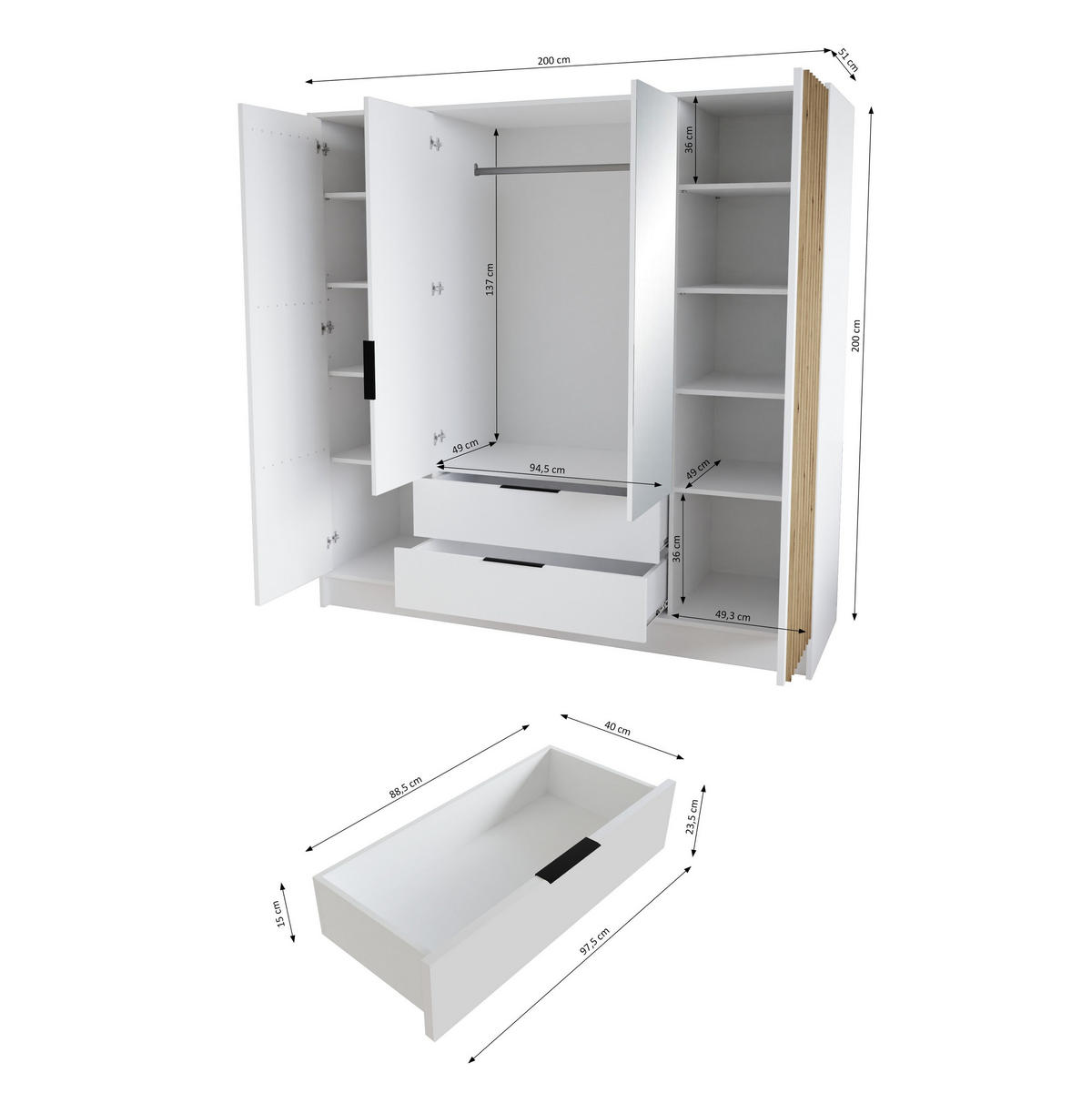 DREHTÜRENSCHRANK PELOR 200/200/51 cm Modern Kleiderschrank 4-türig Schwarz - Schwarz/Weiß, Holzwerkstoff (200/200/51cm) - MASSENO