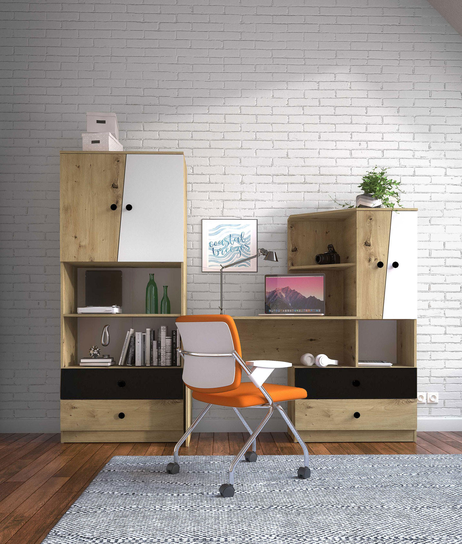 Feldmann-Wohnen Arbeitszimmer-Set Schwarz Hochglanz 230x190x50 cm