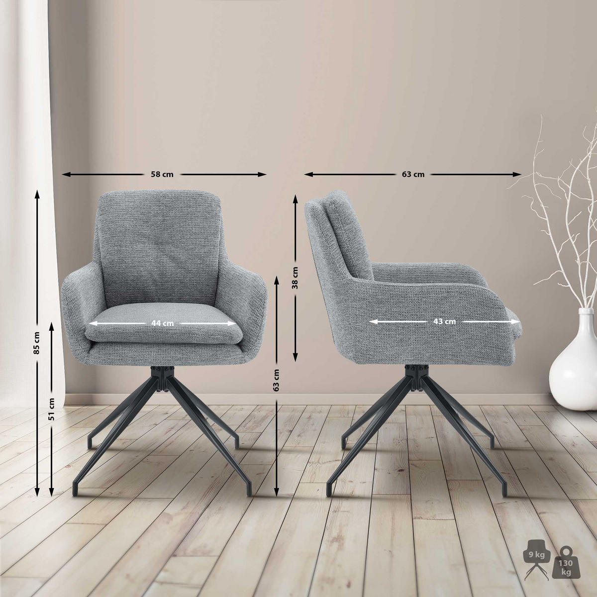 ESSZIMMERSTUHL 2er Set Halberg Stoff grau - Schwarz/Grau, Textil/Metall (58/85/63cm) - TPFLiving