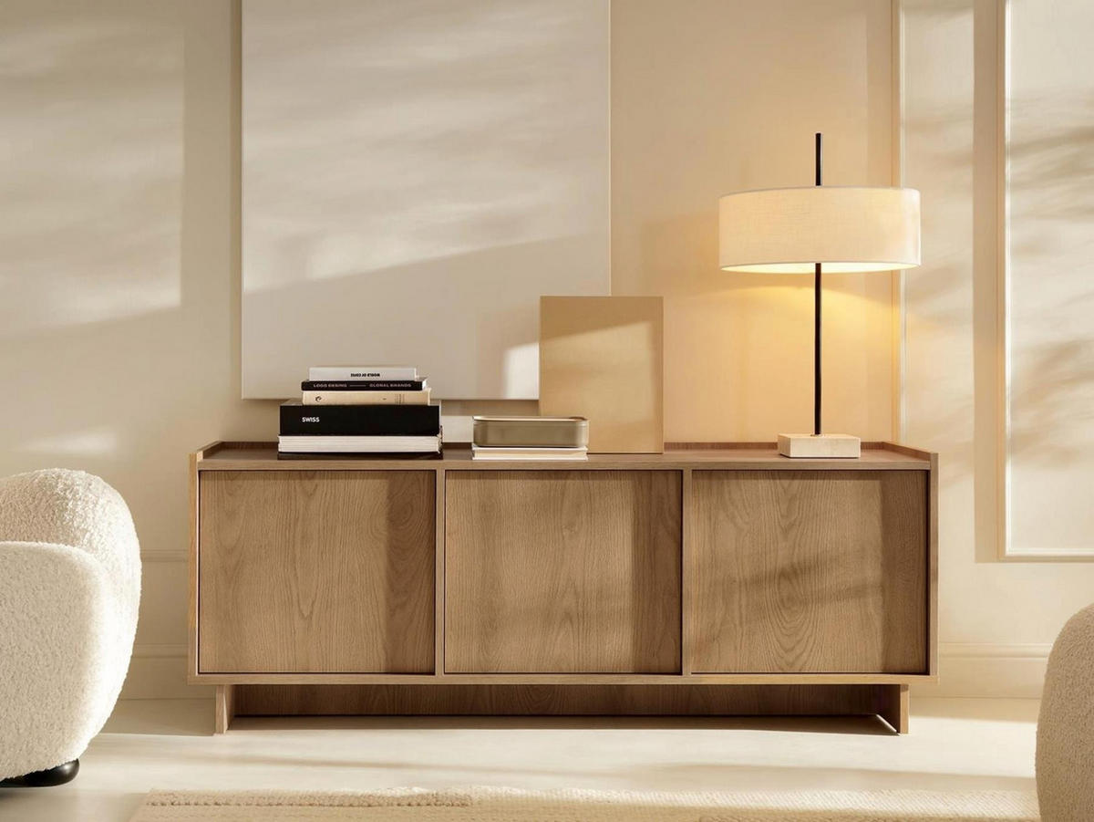 LOWBOARD Suna Japandi Design TV Board Eiche Caramel grifflos 147 cm breit - Braun, Holzwerkstoff (147/55/39cm) - Bettso