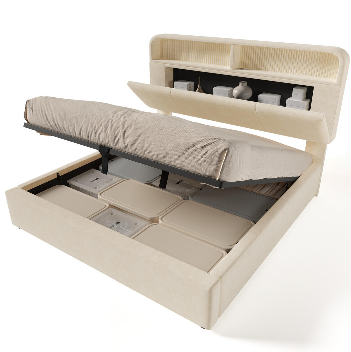 POLSTERBETT Samt 180x200 cm Beige mit Stauraum, LED-Beleuchtung, USB-/Type-C-Ladestation und Lattenrost - Beige, Textil (180/200cm) - IVMEU