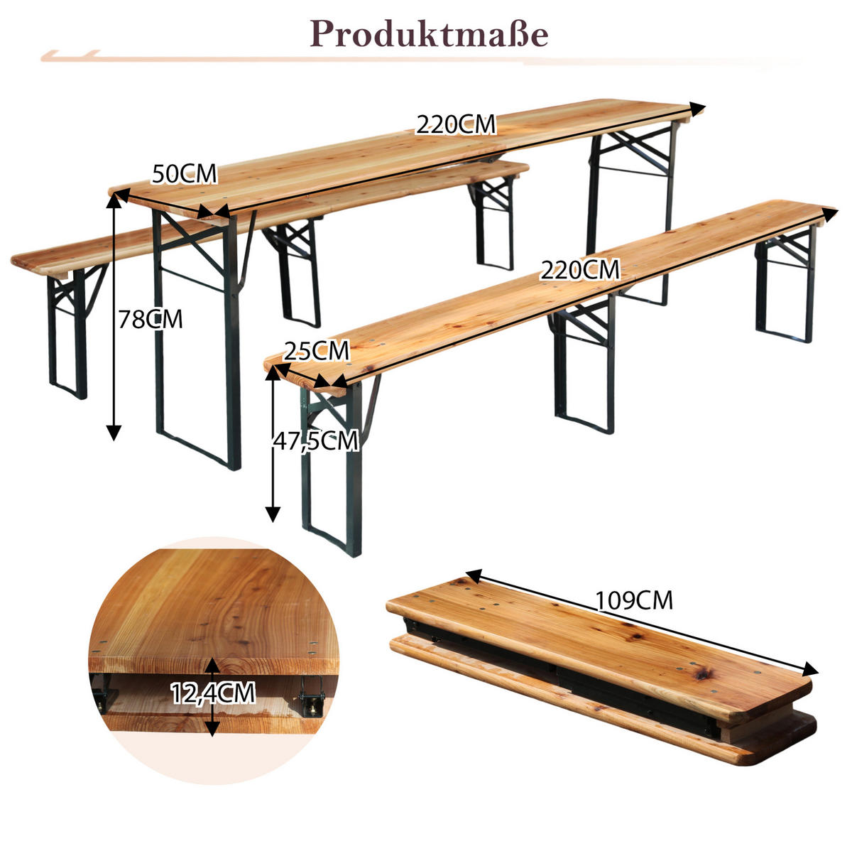 GARTENMÖBELSET aus Massives Holz und Metall 220 x 50 x 78 cm natur klappbar - Naturfarben, Metall - Modfu