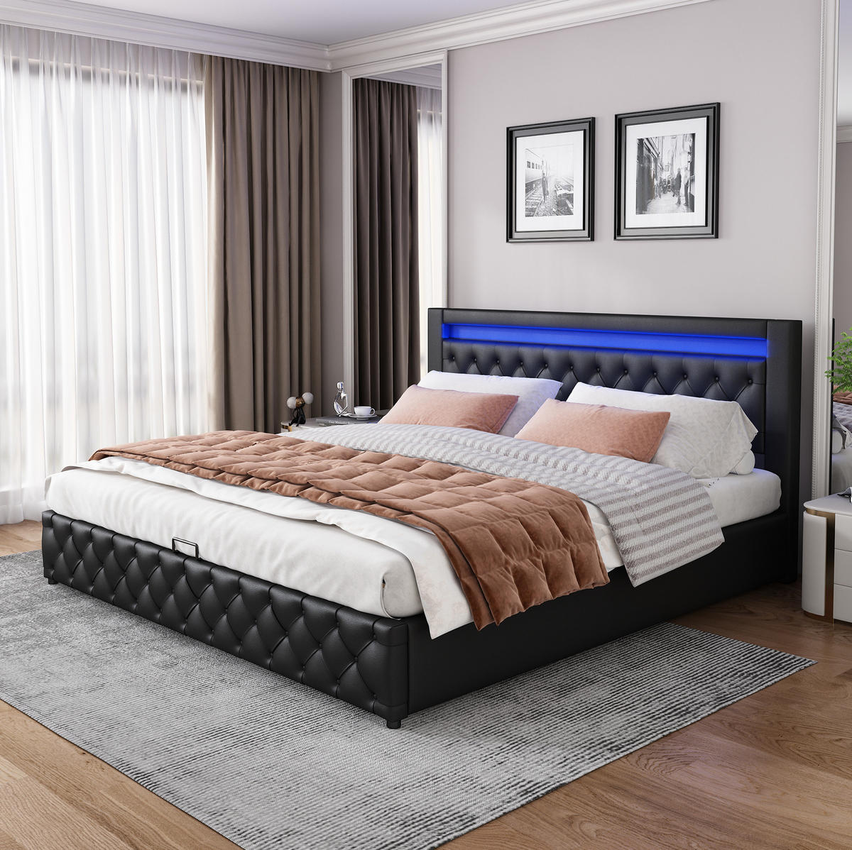 POLSTERBETT 140/190 cm mit LED-Beleuchtung, hydraulischem Bettkasten und Lattenrost, PU, Schwarz - Schwarz, Kunststoff (140/190cm) - Redom