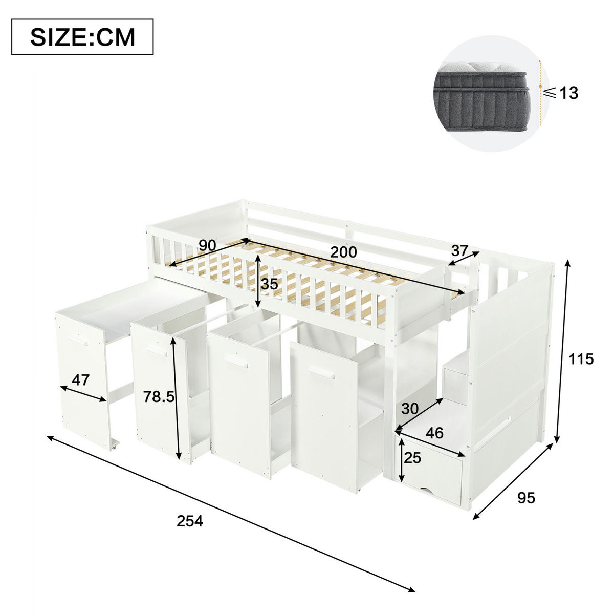 ETAGENBETT aus Kiefer und MDF 90x200 cm Weiß mit Schreibtisch, Schränken und Stauraumtreppe - Weiß, Holzwerkstoff (90/200cm) - Modfu