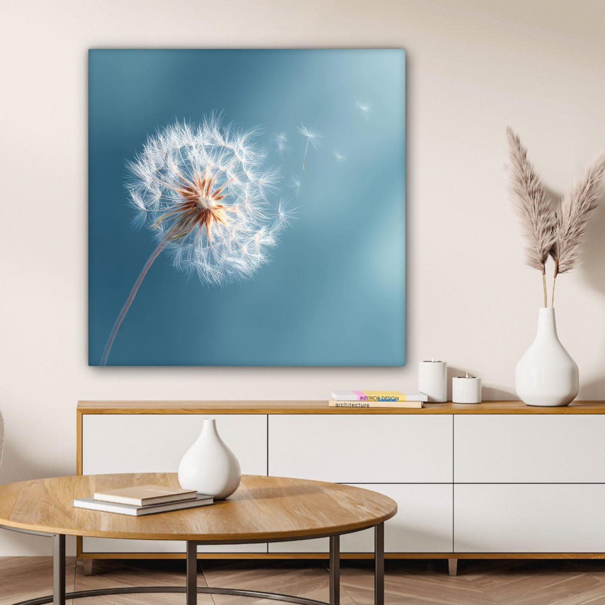 LEINWANDBILD Löwenzahn - Wind - Blau Deko Groß 90x90 cm - Blaugrau, Textil (90/90cm) - MuchoWow