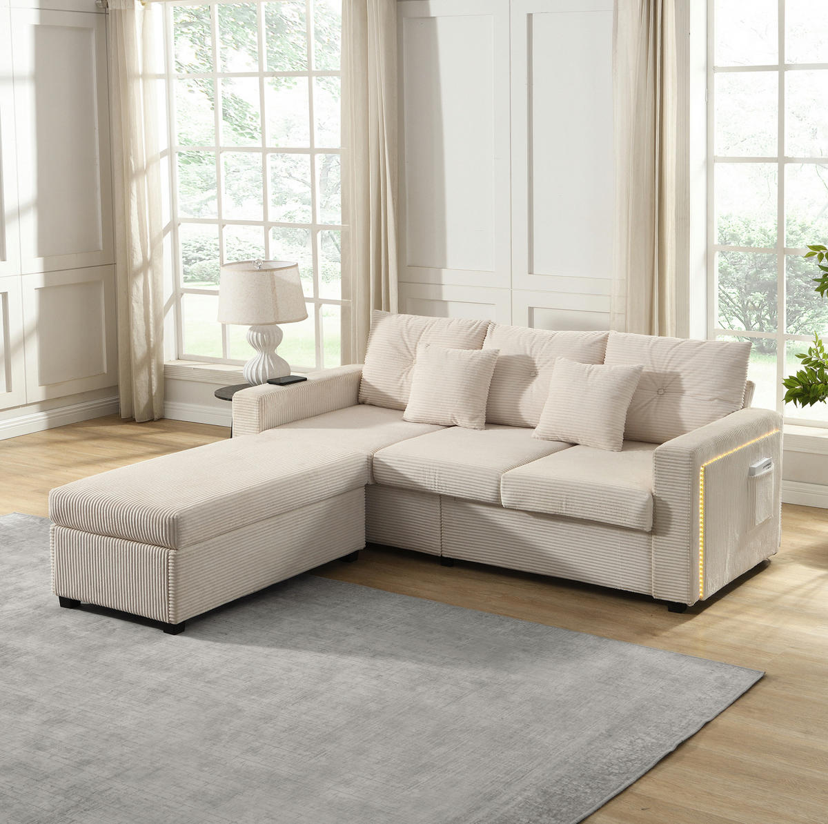 ECKSOFA 184/182,5/85,5 cm beige aus Cordstoff mit LED-Beleuchtung und flexiblem Hocker - Beige, Kunststoff (84.5/184cm) - OKWISH