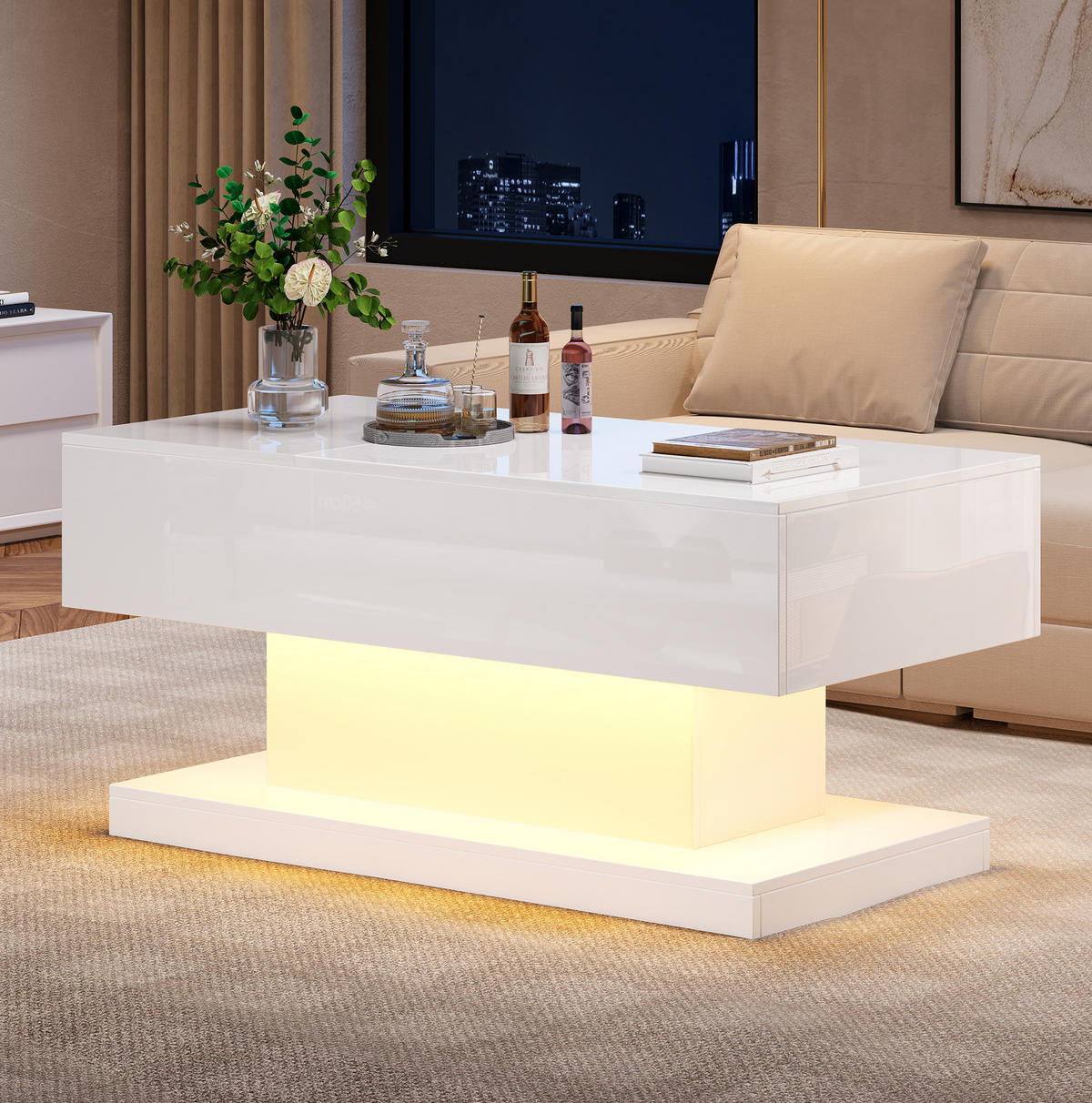 COUCHTISCH 100/50/45 cm weiß aus Spanplatte mit LED-Beleuchtung und Stauraum - Weiß, Holzwerkstoff (100/50/45cm) - OKMYHOME