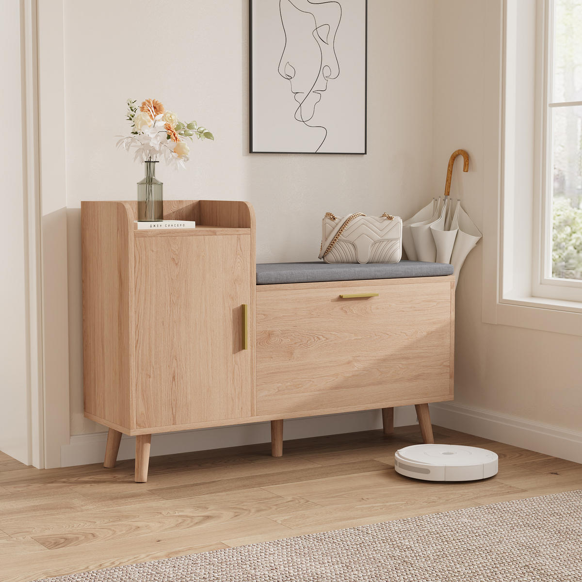 SCHUHSCHRANK MIT BANK mit Klappfach & offenen Regalen - Naturfarben, Holz (30/69.5/100cm) - SHOPENTRA