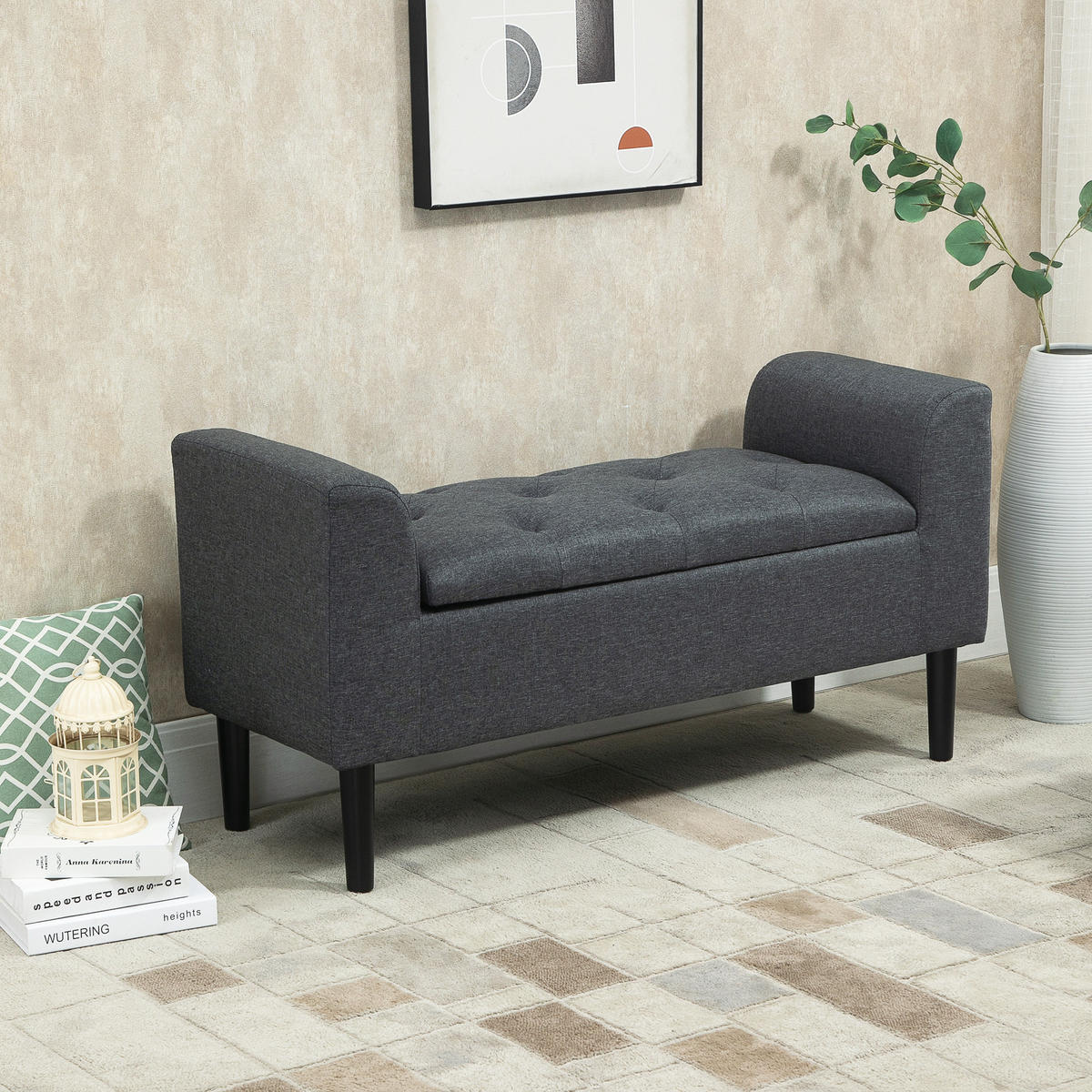 SITZBANK Polsterbank mit Stauraum belastbar bis 130 kg Leinen-Touch Dunkelgrau - Dunkelgrau, Kunststoff (44/58/116cm) - HOMCOM